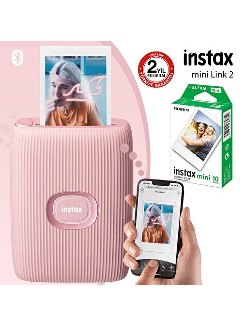 Instax Mini Link 2 Toz Pembe Akıllı Telefon Yazıcısı ve 10'lu mini Film