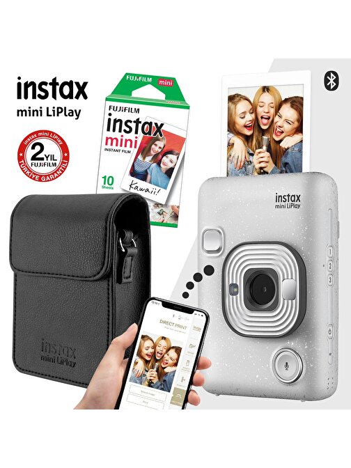 Instax mini LiPlay Hybrid Stone White Fotoğraf Makinesi Çantalı Hediye Seti 3