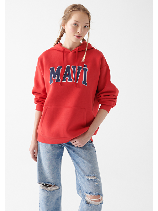 Mavi - Mavi Logo Baskılı Kırmızı Kapüşonlu Sweatshirt 1600361-82054