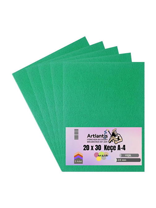 Artlantis Okul - Kreş Etkinlik İçin Keçe A4 20 x 30 cm 2 mm 5'li Yeşil