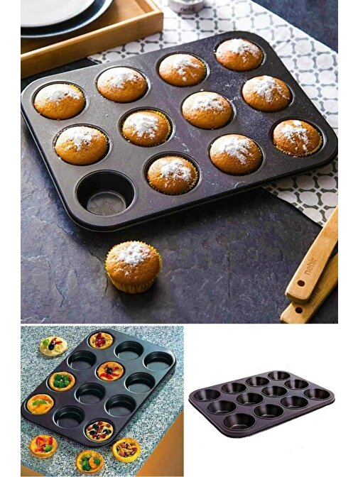 12 Bölmeli Metal Yapışmaz Muffin Kek Kalıbı