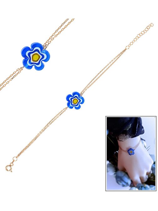 Celixx Mavi Çiçek Boncuklu Rose Gümüş Bileklik