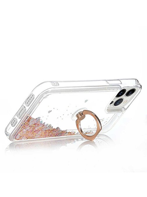 Ceponya Apple iPhone 14 Pro Max Kılıf Sıvılı Simli Pullu Yüzüklü Standlı Lüx Silikon