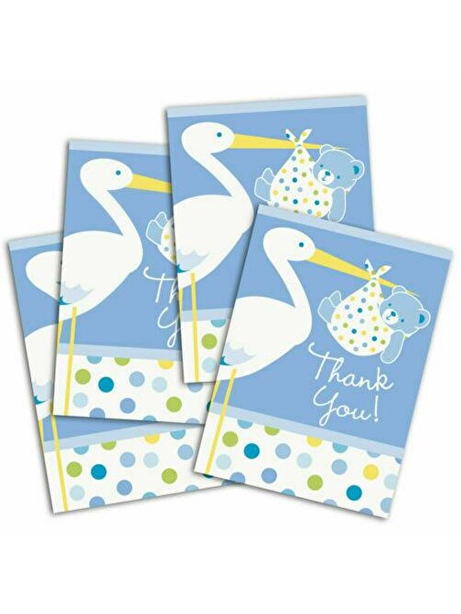 BSSM Mavi Renk Baby Stork Baby Shower Teşekkür Zarfı ve Not Seti 8 Adet