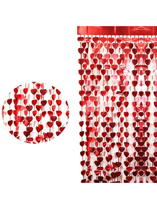 BSSM Kırmızı Renk Kalp Şekilli Metalize Saçaklı Arka Fon Perde Dekorasyon