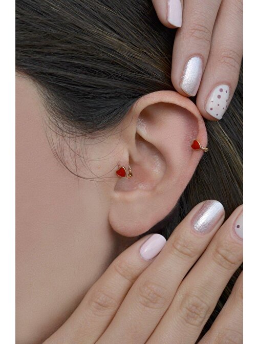 Kırmızı Kalpli Halka Tragus Piercing Kıkırdak Küpesi