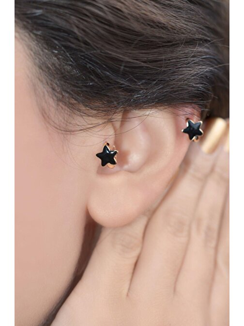 Siyah Yıldız Tragus Helix Piercing Mini Küpe