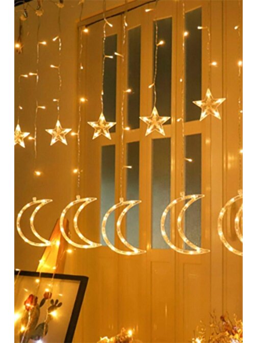 Pazariz Dekoratif Ay Yıldızlı Saçak Led Perde Led Işık Animasyonlu Yılbaşı Led Işık Süs