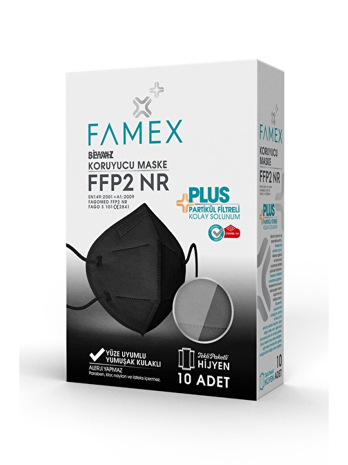 FAMEX N95 FFP2 KORUYUCU MASKE SİYAH RENK 10 ADET TEKLİ PAKET DUCK MODELİ