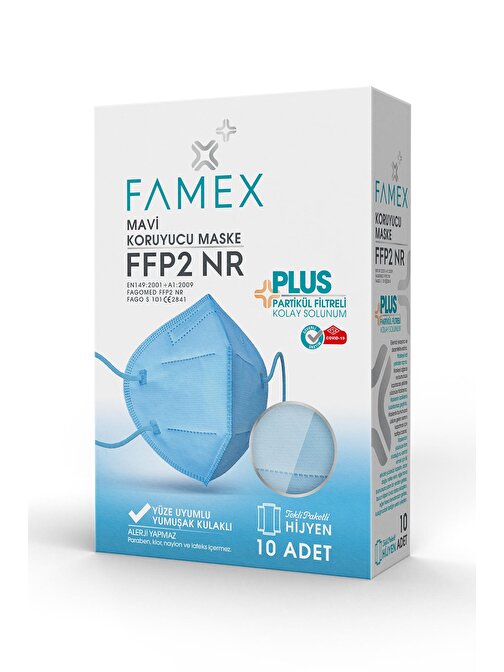 FAMEX N95 FFP2 KORUYUCU MASKE MAVİ RENK 10 ADET TEKLİ PAKET DUCK MODELİ