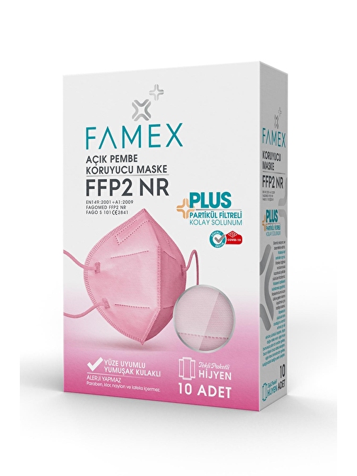 FAMEX N95 FFP2 KORUYUCU MASKE AÇIK PEMBE RENK 10 ADET TEKLİ PAKET DUCK MODELİ