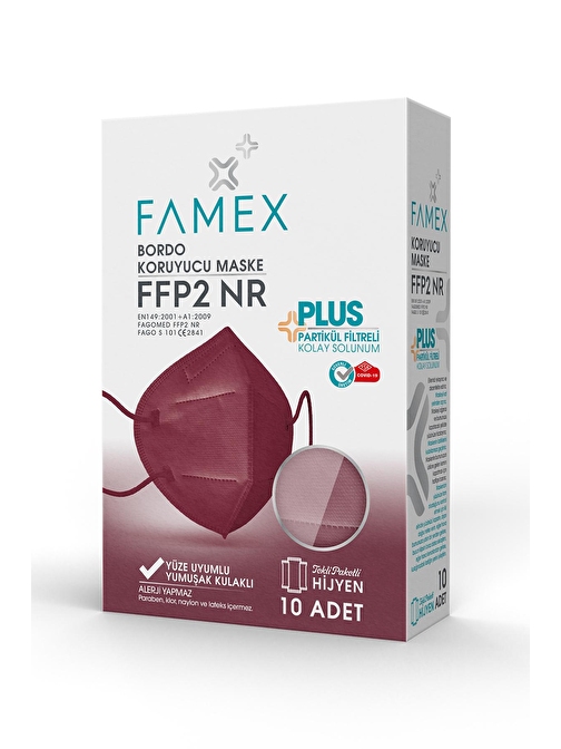 FAMEX N95 FFP2 KORUYUCU MASKE BORDO RENK 10 ADET TEKLİ PAKET DUCK MODELİ