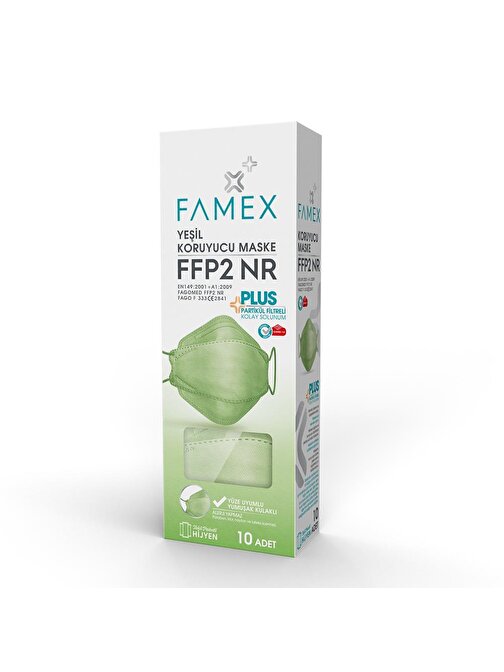 FAMEX N95 FFP2 KORUYUCU MASKE YEŞİL RENK 10 ADET TEKLİ PAKET FİSH MODELİ