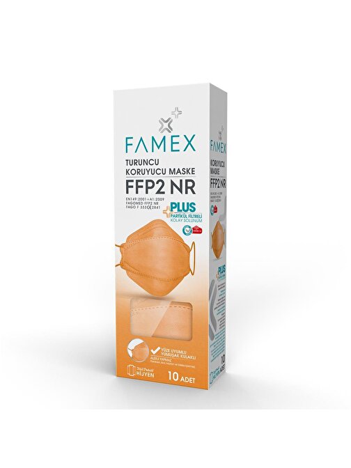 FAMEX N95 FFP2 KORUYUCU MASKE TURUNCU RENK 10 ADET TEKLİ PAKET FİSH MODELİ