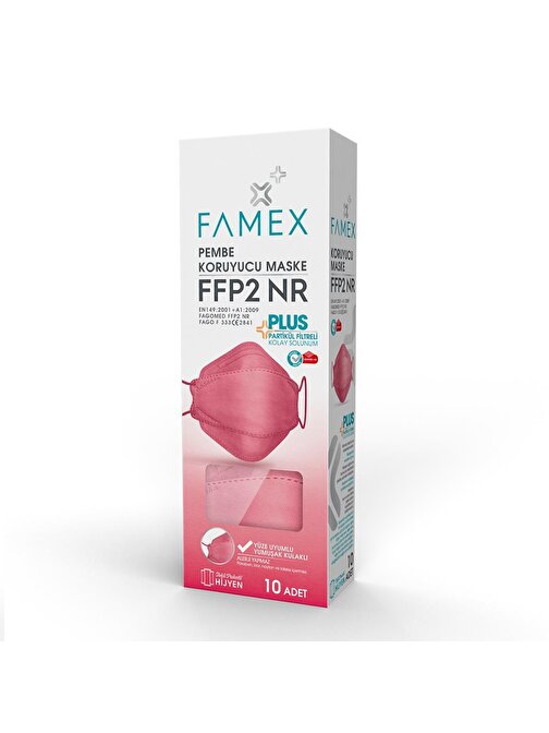 FAMEX N95 FFP2 KORUYUCU MASKE PEMBE RENK 10 ADET TEKLİ PAKET FİSH MODELİ