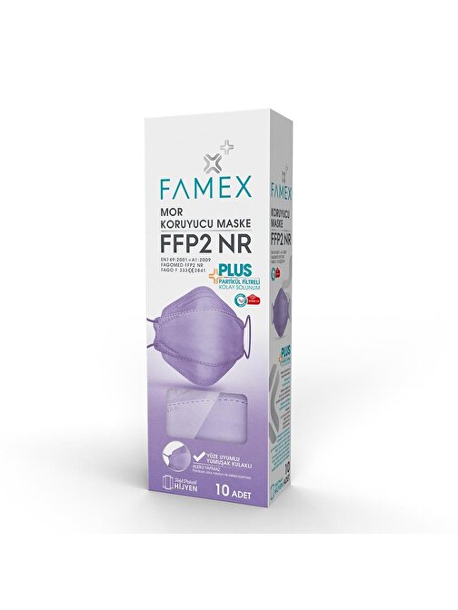 FAMEX N95 FFP2 KORUYUCU MASKE MOR RENK 10 ADET TEKLİ PAKET FİSH MODELİ