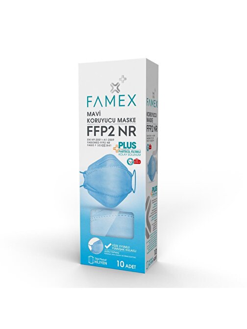 FAMEX N95 FFP2 KORUYUCU MASKE MAVİ RENK 10 ADET TEKLİ PAKET FİSH MODELİ