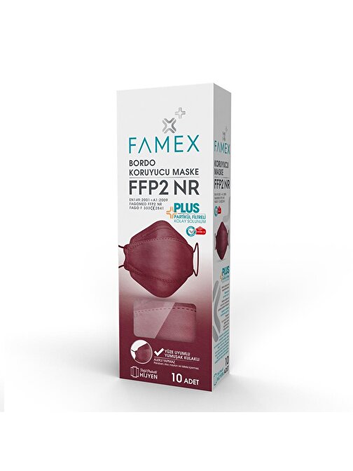 FAMEX N95 FFP2 KORUYUCU MASKE BORDO RENK 10 ADET TEKLİ PAKET FİSH MODELİ