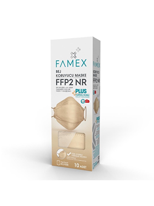 FAMEX N95 FFP2 KORUYUCU MASKE BEJ RENK 10 ADET TEKLİ PAKET FİSH MODELİ