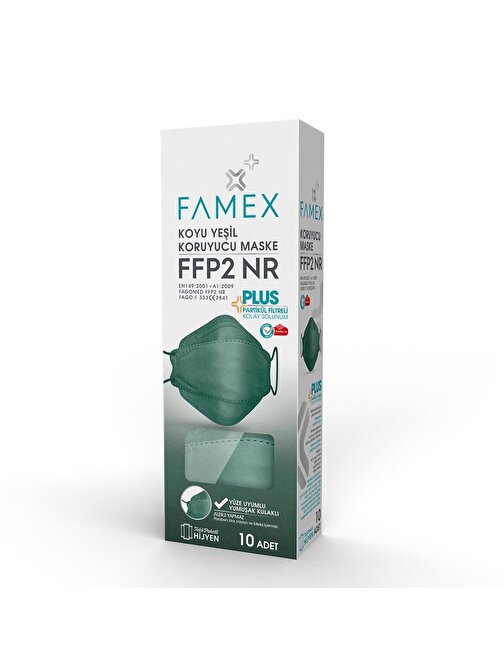 FAMEX N95 FFP2 KORUYUCU MASKE KOYU YEŞİL RENK 10 ADET TEKLİ PAKET FİSH MODELİ