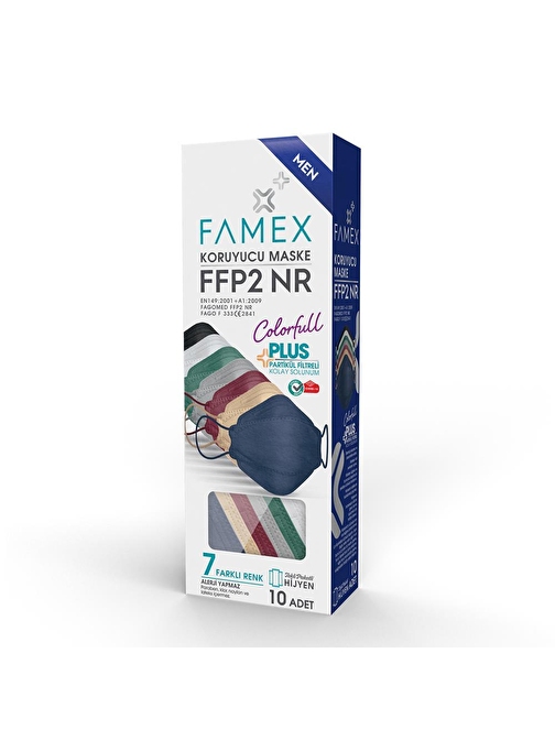 FAMEX N95 FFP2 KORUYUCU MASKE ERKEK KARIŞIK RENKLİ 10 ADET TEKLİ PAKET FİSH MODELİ