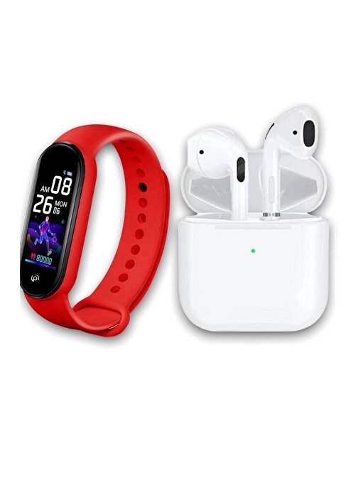 Pazariz M5 Akıllı Bileklik Kırmızı Renkli Ekran Ve Pro 5 Mini Bluetooth Kulaklık Ios ve Android Uyum