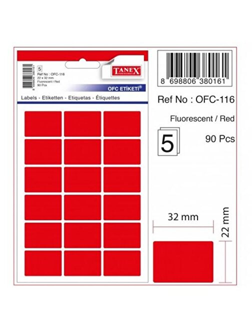 Tanex Ofis Etiketi Poşetli 22x32 MM Fosforlu Kırmızı OFC-116
