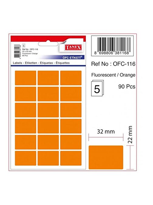 Tanex Ofis Etiketi Poşetli 22x32 MM Fosforlu Turuncu Ofc-116