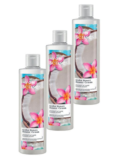 Avon Senses Aloha Monoi Tiare Çiçeği Ve Hindistan Cevizi Kokulu Krem Duş Jeli 250 ml  Üçlü Set