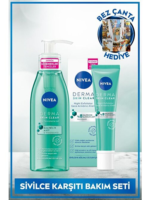 Nivea Derma Skin Clear Sivilce Karşıtı Yüz Temizleme Jeli 150Ml Ve Gece Kremi 40Ml,Bez Çanta Hediye