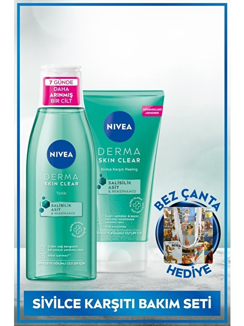 Nivea Derma Skin Clear Sivilce Karşıtı Yüz Temizleyici Peeling 150Ml,Tonik 200Ml,Bez Çanta Hediye