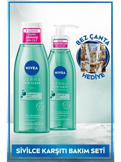 Nivea Derma Skin Clear Sivilce Karşıtı Yüz Temizleme Jeli 150Ml Ve Tonik 200Ml,Bez Çanta Hediye