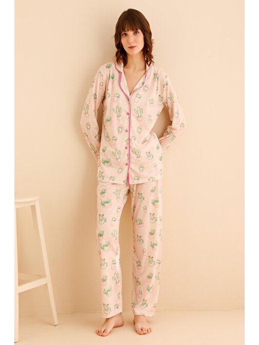 Nisanca Pamuklu Önden Düğmeli Kadın Pijama Takımı-Sevgililer Günü Serisi