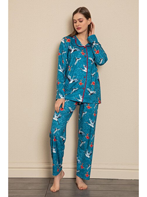 Nisanca Pamuklu Önden Düğmeli Kadın Pijama Takımı-Sevgililer Günü Serisi