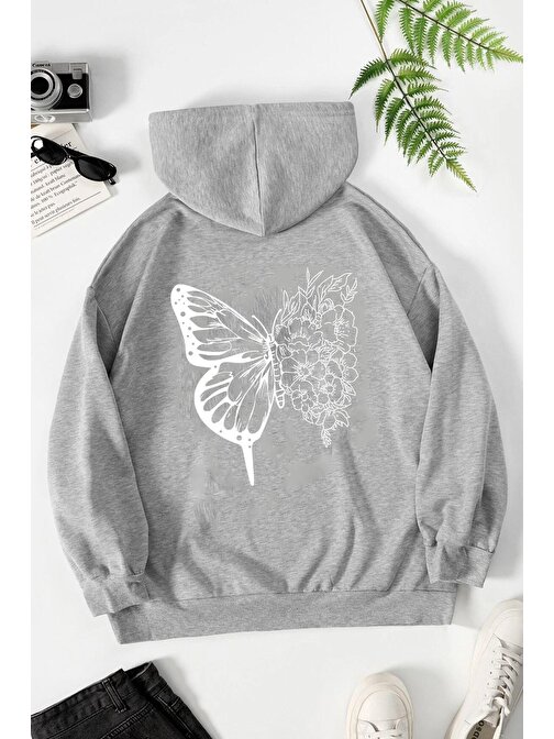 Unisex Drawing Butterflies Sırt Baskılı Sweatshirt