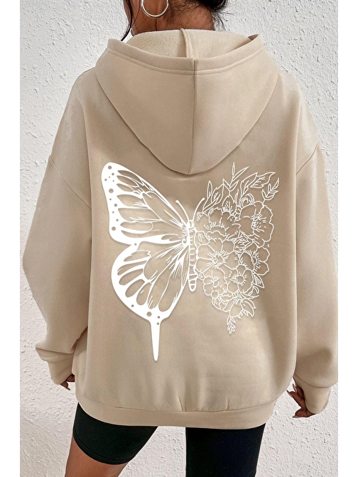 Unisex Drawing Butterflies Sırt Baskılı Sweatshirt