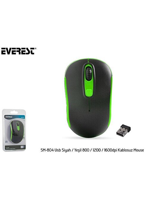 Everest SM-804 1600 DPI 2.4GHz Kablosuz Siyah - Yeşil Mouse