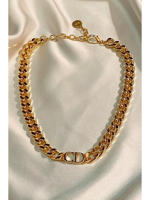 Kadın Gold Cd Harfli Christian Dior Model Kalın Zincir Kolye Altın Renk - 335
