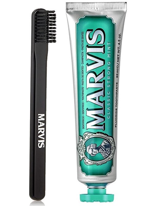 Marvis Classic Strong Mint Beyazlatıcı Diş Macunu 85 ml ve Black Orta Sert Diş Fırçası