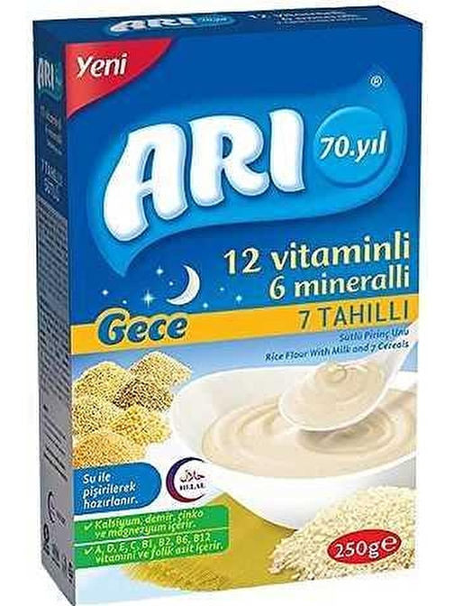 Arı Mama 7 Tahıllı Sütlü (Gece) Pirinç Unu Kaşık Maması 250 Gr