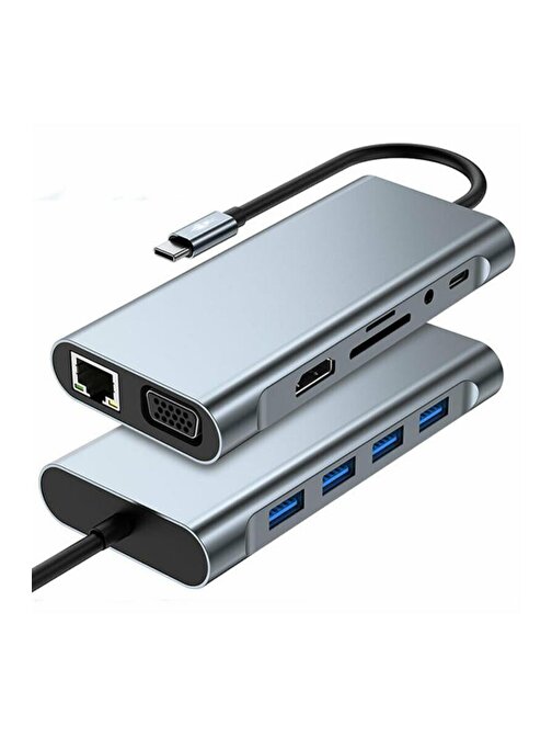 Shaza Zp08 11 İn 1 Usb Type-C HDMI Usb Ethernet Pd Girişli Hub Port Adaptör Gri