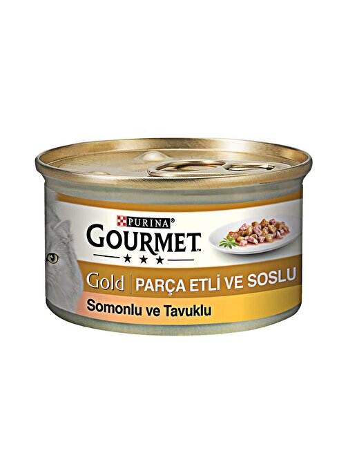 Gourmet Gold Parça Etli Soslu Somonlu Tavuklu Kedi Konservesi 85 gr