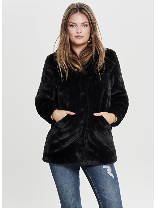 Only Onlvida Faux Fur Coat Otw Dik Yaka Rahat Kalıp Düz Siyah Kadın Kaban