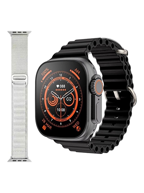 Pazariz Gs8 Watch 8 Ultra Android - iOS Uyumlu 2.02 inç Akıllı Saat Siyah + Beyaz Dokuma Kordon