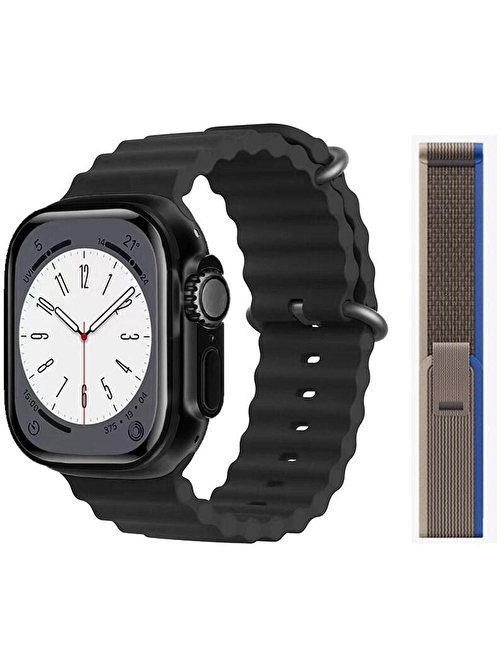 Pazariz Gs8 Watch 8 Ultra Android - iOS Uyumlu 2.02 inç Akıllı Saat Siyah +  Dokuma Kordon