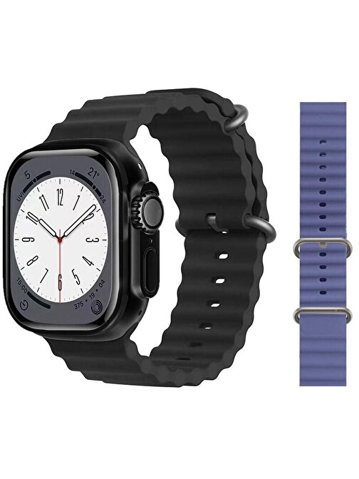 Pazariz Gs8 Watch 8 Ultra Android - iOS Uyumlu 2.02 inç Akıllı Saat Siyah + Lacivert Silikon Kordon