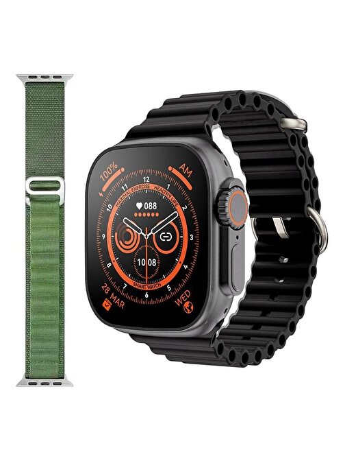 Pazariz Gs8 Watch 8 Ultra Android - iOS Uyumlu 2.02 inç Akıllı Saat Siyah + Yeşil Silikon Kordon