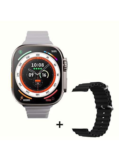 Pazariz Gs8 Watch 8 Ultra Android - iOS Uyumlu 2.02 inç Akıllı Saat Beyaz + Siyah Silikon Kordon