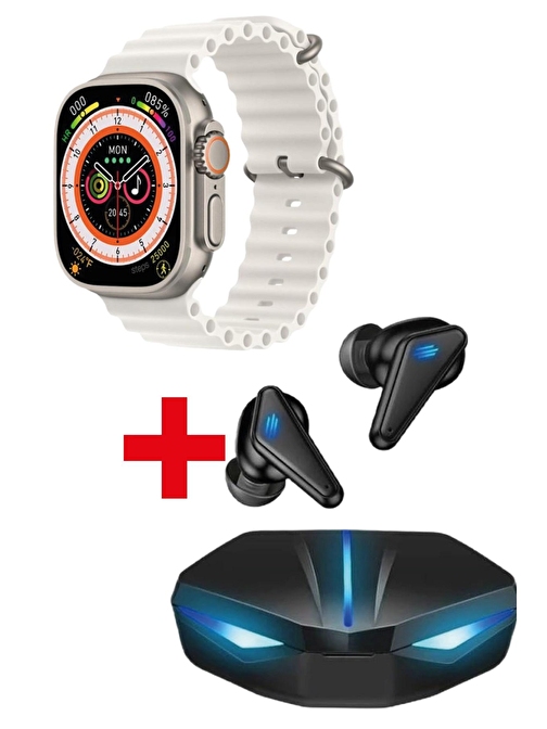 Pazariz Gs8 Watch 8 Ultra Android - iOS Uyumlu 2.02 inç Akıllı Saat Beyaz + K55 Oyuncu Bluetooth Kulaklık