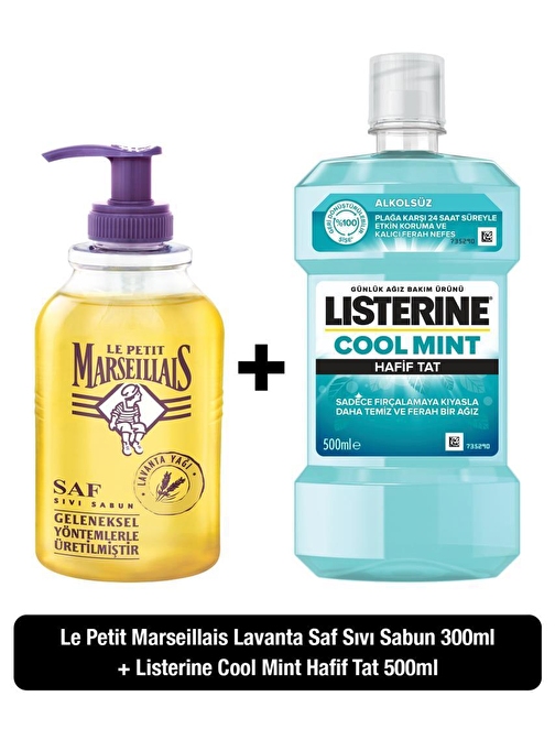 Listerine Cool Mint Hafif Tat Ağız Bakım Suyu 500 ml + Le Petit Marseillais Lavanta Balı Sıvı Sabun 300 ml